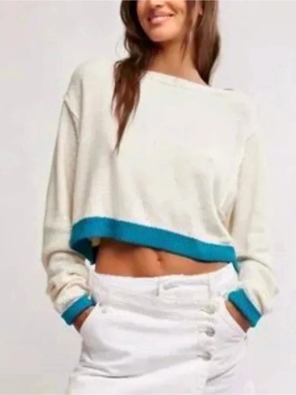 We The Free Color Block Into The Blue Cropped Sweater Large NWT